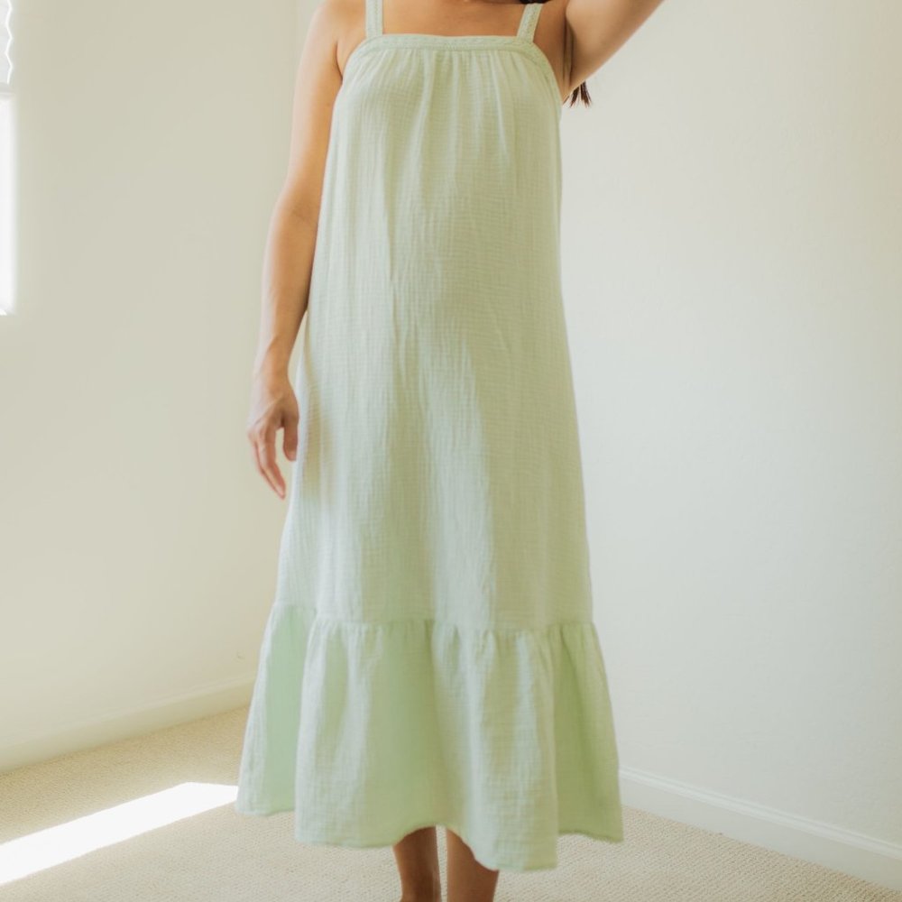 MAGASCHONI GAUZY ORGANIC COTTON TIERED SLEEVELESS MAXI DRESS LIGHT MINT GREEN S
